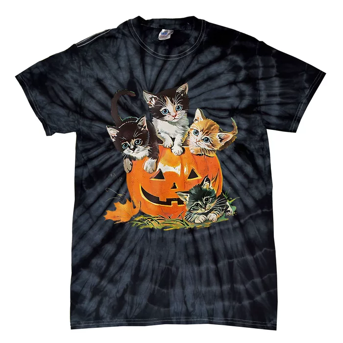 Vintage 90s Cat Pumpkin Halloween Retro Floral Spooky Season Tie-Dye T-Shirt