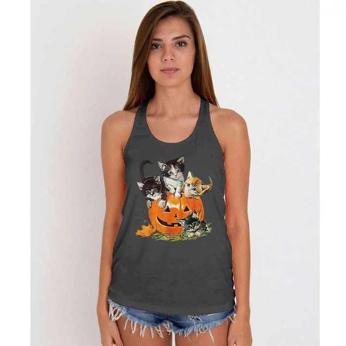 Vintage 90s Cat Pumpkin Halloween Retro Floral Spooky Season Women's Knotted Racerback Tank