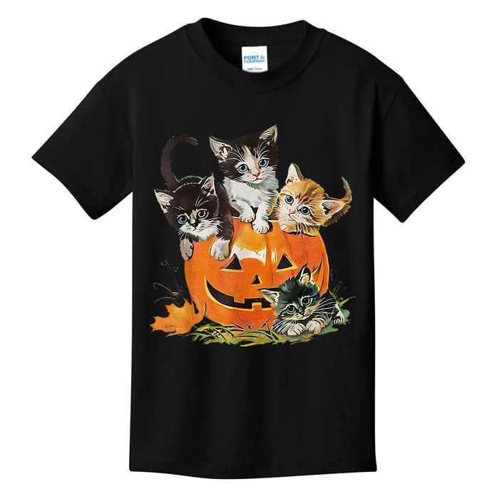 Vintage 90s Cat Pumpkin Halloween Retro Floral Spooky Season Kids T-Shirt