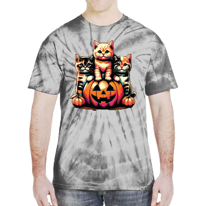 Vintage 90s Cats Kittens Pumpkin Halloween Spooky Season Tie-Dye T-Shirt