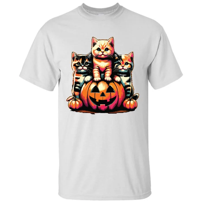 Vintage 90s Cats Kittens Pumpkin Halloween Spooky Season Tall T-Shirt