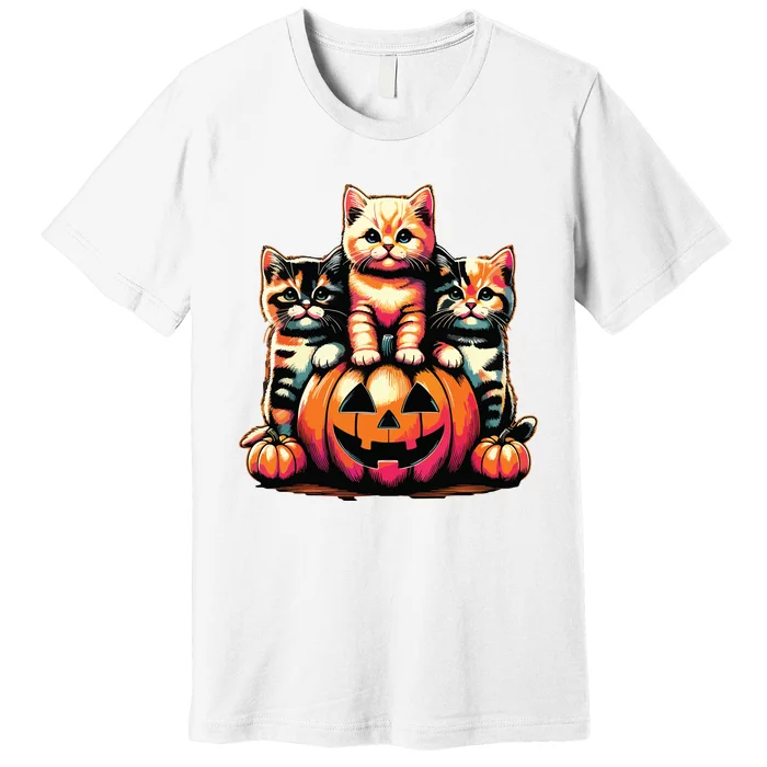 Vintage 90s Cats Kittens Pumpkin Halloween Spooky Season Premium T-Shirt