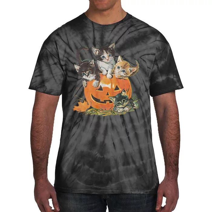 Vintage 90s Cat Pumpkin Halloween Retro Floral Spooky Season Tie-Dye T-Shirt