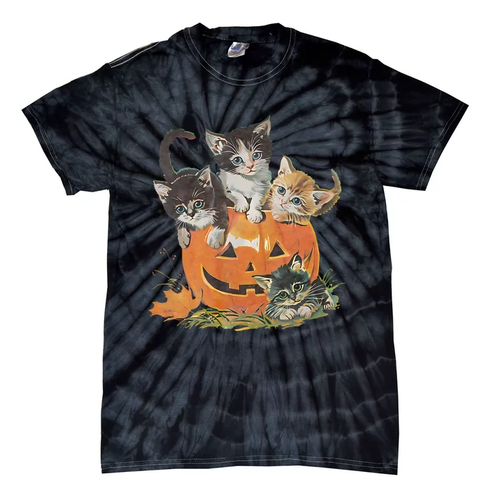 Vintage 90s Cat Pumpkin Halloween Retro Floral Spooky Season Tie-Dye T-Shirt