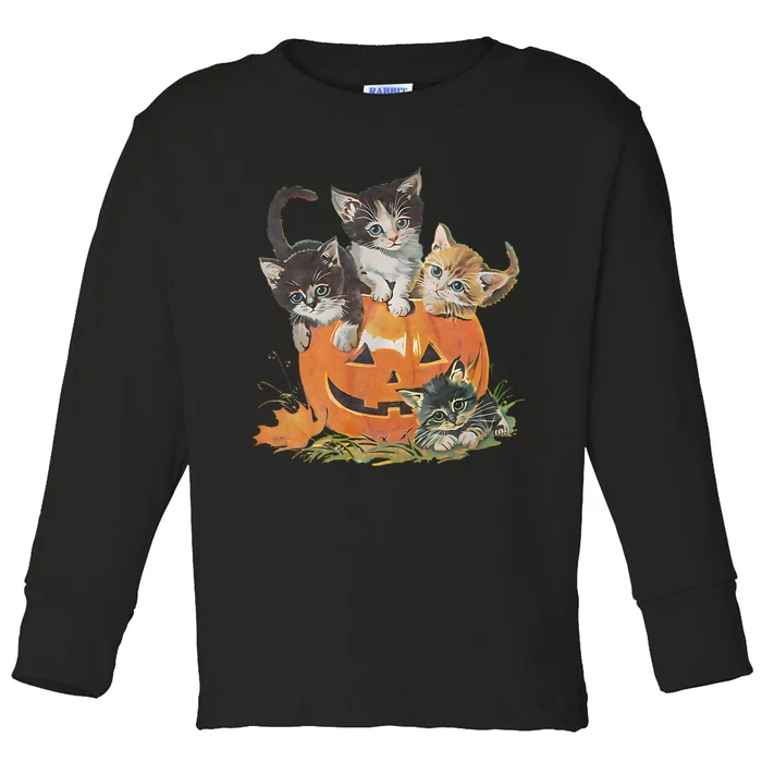 Vintage 90s Cat Pumpkin Halloween Retro Floral Spooky Season Toddler Long Sleeve Shirt