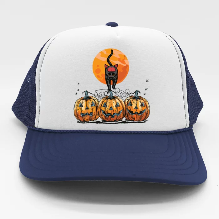 Vintage 90s Cat Pumpkin Halloween Retro Floral Spooky Season Trucker Hat