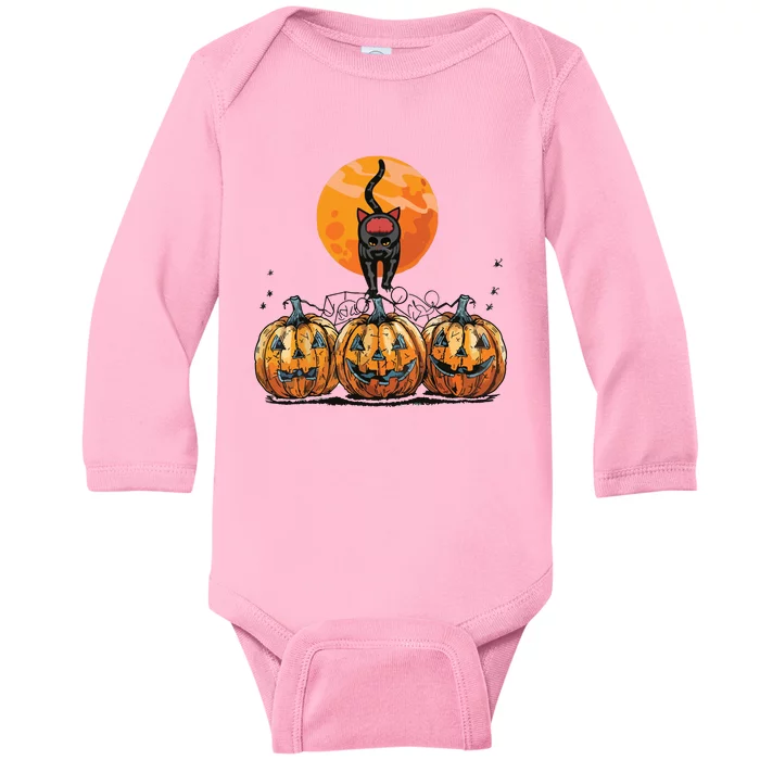 Vintage 90s Cat Pumpkin Halloween Retro Floral Spooky Season Baby Long Sleeve Bodysuit