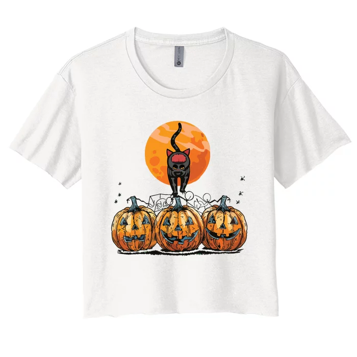 Vintage 90s Cat Pumpkin Halloween Retro Floral Spooky Season Women's Crop Top Tee