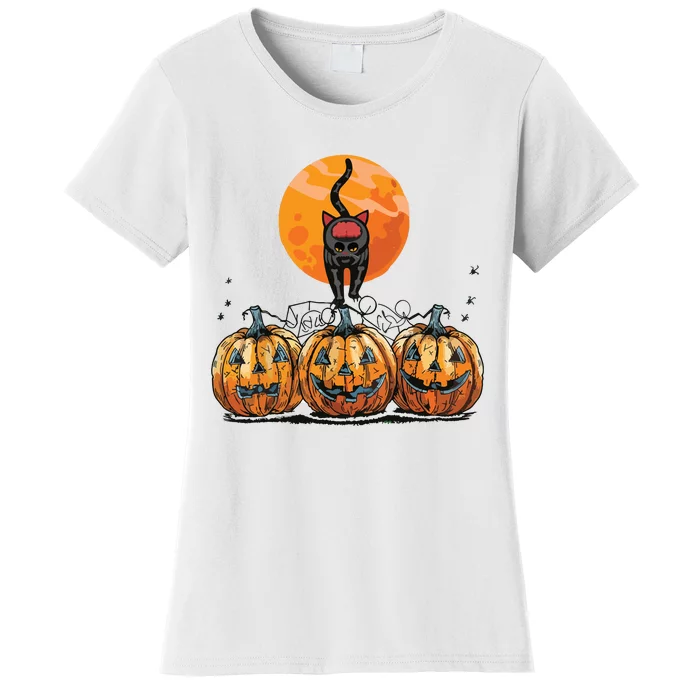 Vintage 90s Cat Pumpkin Halloween Retro Floral Spooky Season Women's T-Shirt