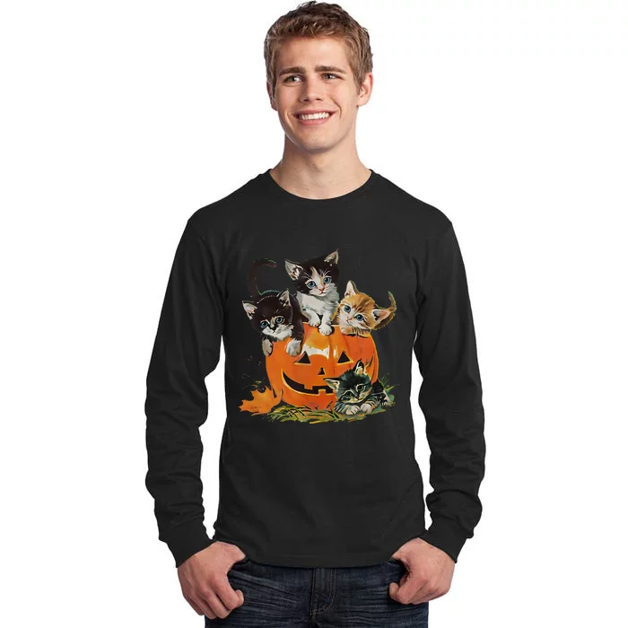 Vintage 90s Cat Pumpkin Halloween Retro Floral Spooky Season Gift Tall Long Sleeve T-Shirt