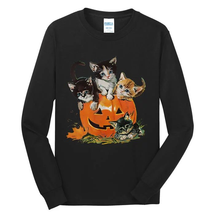 Vintage 90s Cat Pumpkin Halloween Retro Floral Spooky Season Gift Tall Long Sleeve T-Shirt