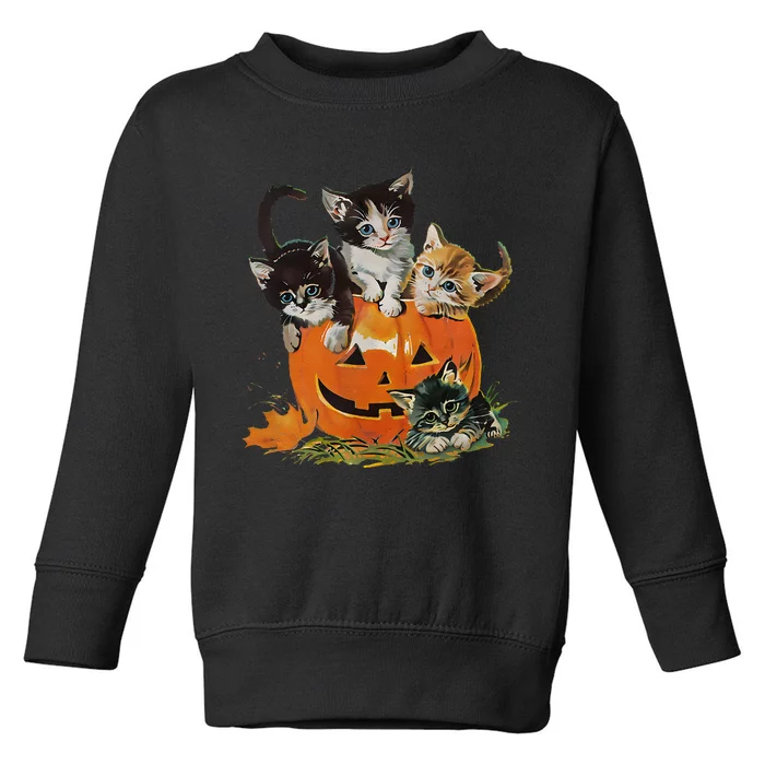 Vintage 90s Cat Pumpkin Halloween Retro Floral Spooky Season Gift Toddler Sweatshirt