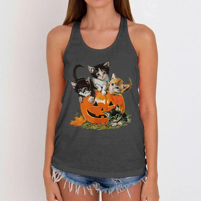 Vintage 90s Cat Pumpkin Halloween Retro Floral Spooky Season Gift Women's Knotted Racerback Tank