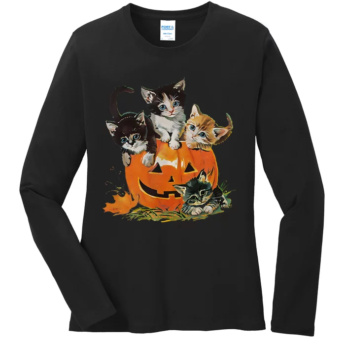 Vintage 90s Cat Pumpkin Halloween Retro Floral Spooky Season Gift Ladies Long Sleeve Shirt