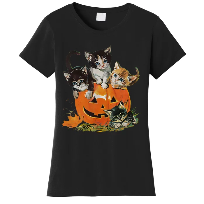 Vintage 90s Cat Pumpkin Halloween Retro Floral Spooky Season Gift Women's T-Shirt