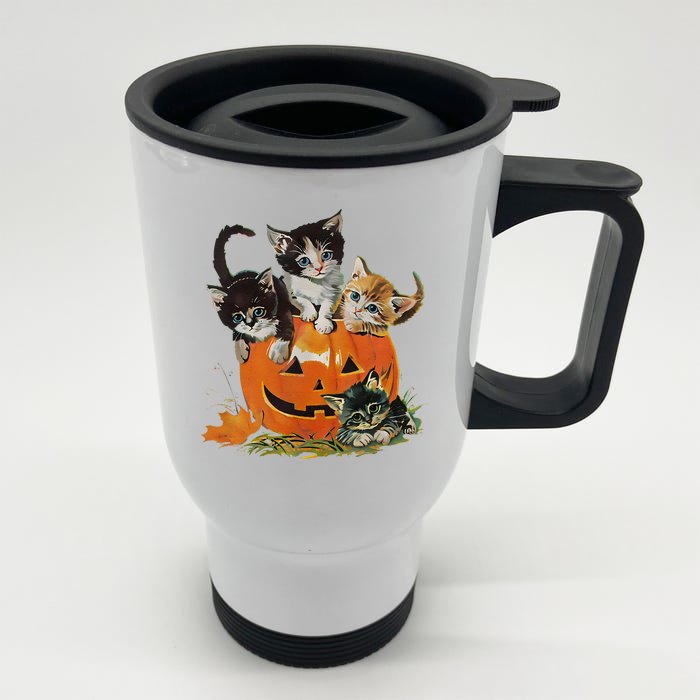 Vintage 90s Cat Pumpkin Halloween Retro Floral Spooky Season Gift Front & Back Stainless Steel Travel Mug