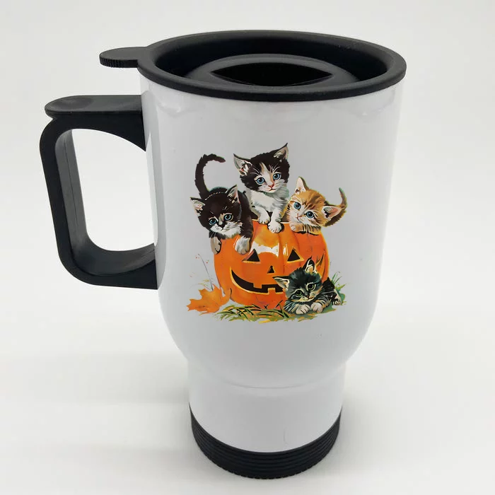 Vintage 90s Cat Pumpkin Halloween Retro Floral Spooky Season Gift Front & Back Stainless Steel Travel Mug