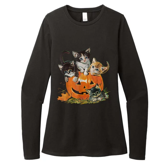 Vintage 90s Cat Pumpkin Halloween Retro Floral Spooky Season Gift Womens CVC Long Sleeve Shirt