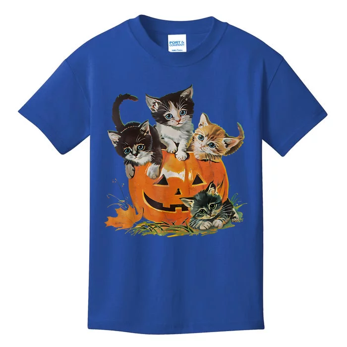 Vintage 90s Cat Pumpkin Halloween Retro Floral Spooky Season Gift Kids T-Shirt