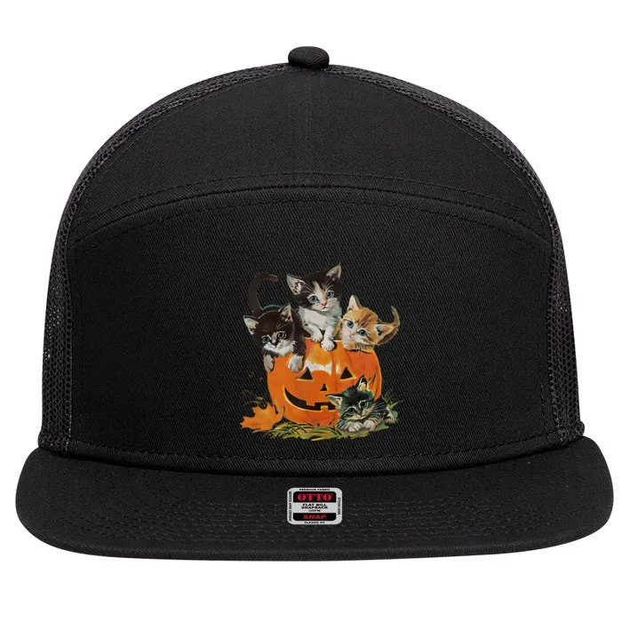 Vintage 90s Cat Pumpkin Halloween Retro Floral Spooky Season 7 Panel Mesh Trucker Snapback Hat