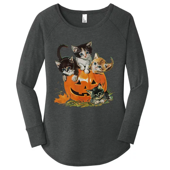 Vintage 90s Cat Pumpkin Halloween Retro Floral Spooky Season Women's Perfect Tri Tunic Long Sleeve Shirt