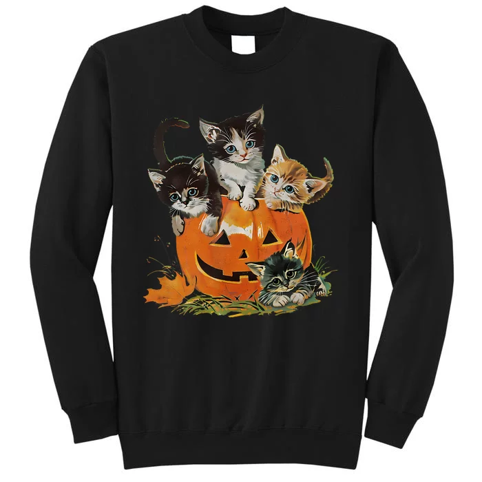 Vintage 90s Cat Pumpkin Halloween Retro Floral Spooky Season Tall Sweatshirt