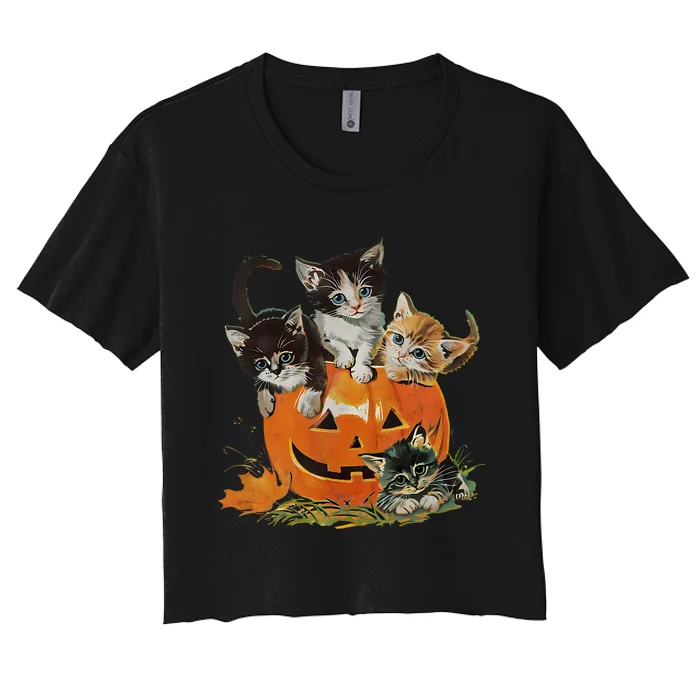 Vintage 90s Cat Pumpkin Halloween Retro Floral Spooky Season Women's Crop Top Tee