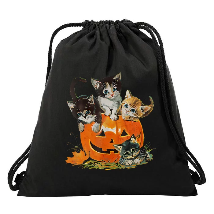 Vintage 90s Cat Pumpkin Halloween Retro Floral Spooky Season Drawstring Bag