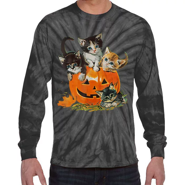 Vintage 90s Cat Pumpkin Halloween Retro Floral Spooky Season Tie-Dye Long Sleeve Shirt