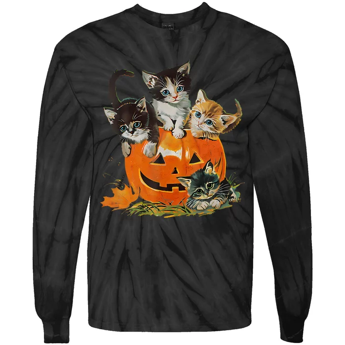 Vintage 90s Cat Pumpkin Halloween Retro Floral Spooky Season Tie-Dye Long Sleeve Shirt