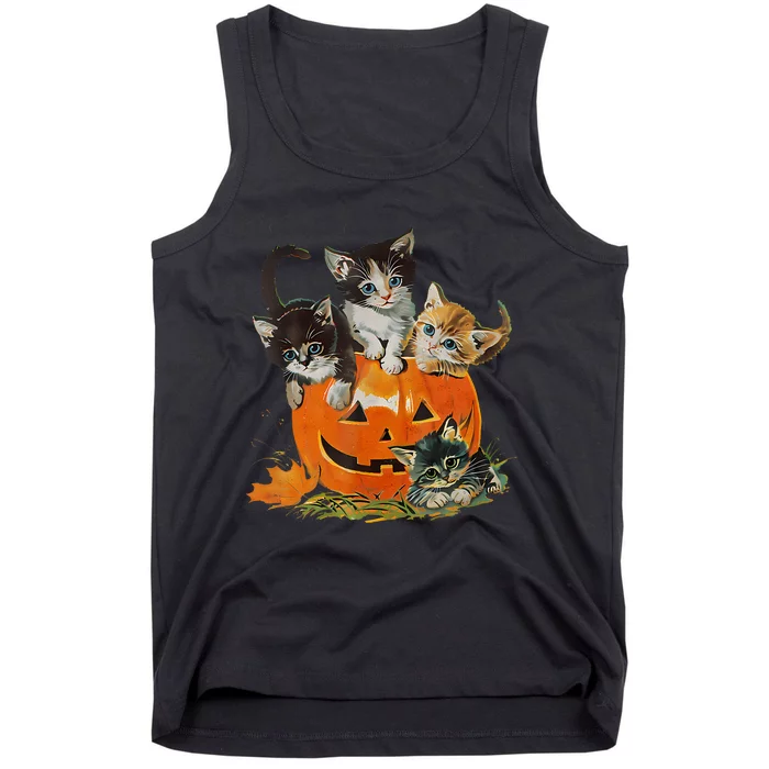 Vintage 90s Cat Pumpkin Halloween Retro Floral Spooky Season Tank Top