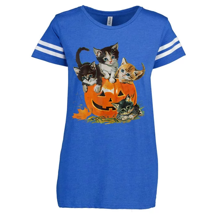 Vintage 90s Cat Pumpkin Halloween Retro Floral Spooky Season Enza Ladies Jersey Football T-Shirt