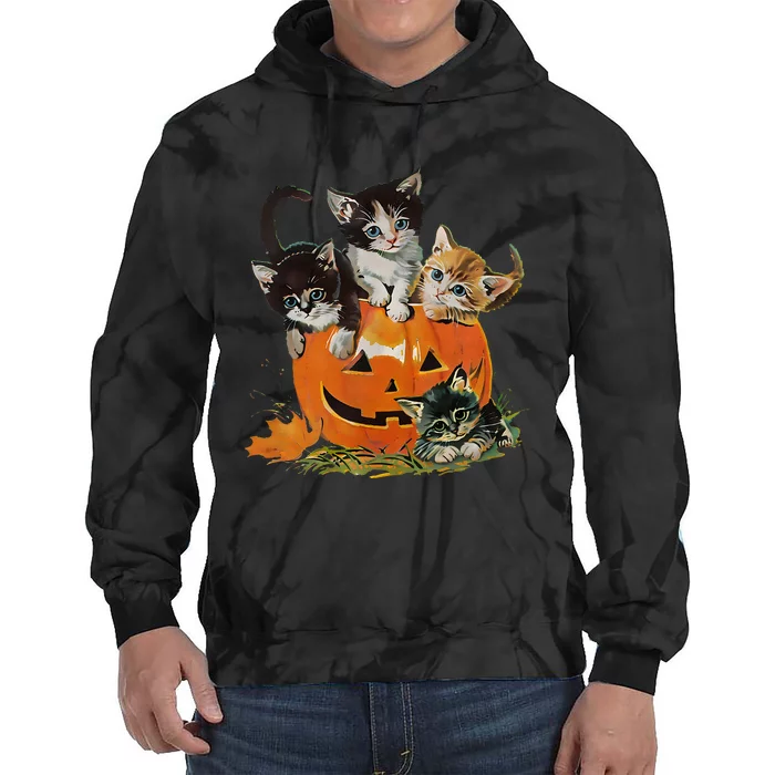 Vintage 90s Cat Pumpkin Halloween Retro Floral Spooky Season Tie Dye Hoodie