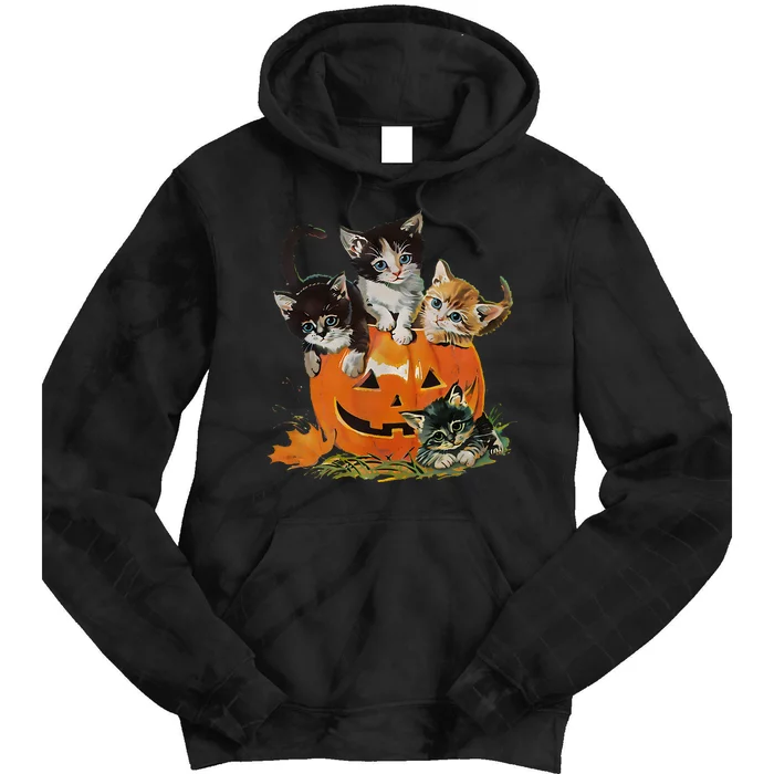 Vintage 90s Cat Pumpkin Halloween Retro Floral Spooky Season Tie Dye Hoodie