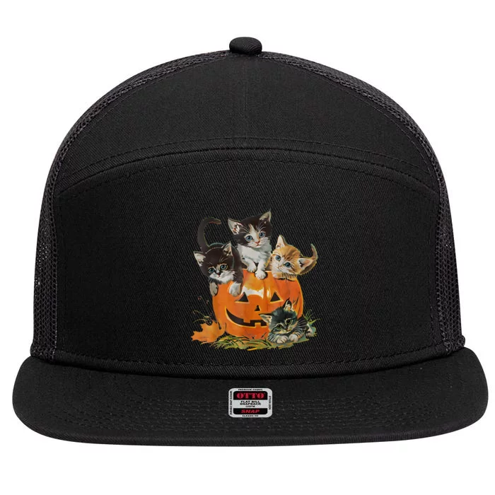 Vintage 90s Cat Pumpkin Halloween Retro Floral Spooky Season 7 Panel Mesh Trucker Snapback Hat