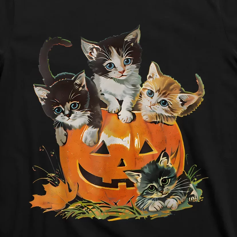 Vintage 90s Cat Pumpkin Halloween Retro Floral Spooky Season T-Shirt