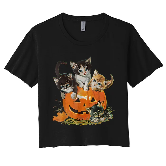 Vintage 90s Cat Pumpkin Halloween Retro Floral Spooky Season Women's Crop Top Tee