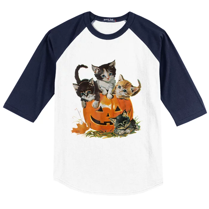 Vintage 90s Cat Pumpkin Halloween Retro Floral Spooky Season Baseball Sleeve Shirt