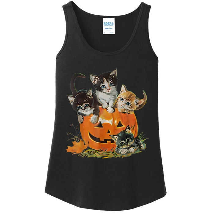 Vintage 90s Cat Pumpkin Halloween Retro Floral Spooky Season Ladies Essential Tank