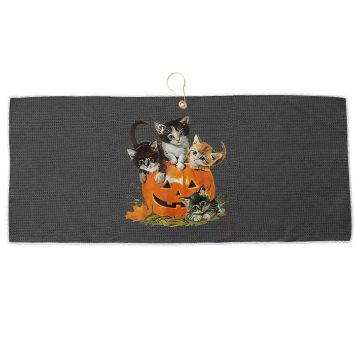 Vintage 90s Cat Pumpkin Halloween Retro Floral Spooky Season Large Microfiber Waffle Golf Towel