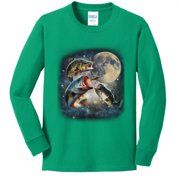 Vintage 90s Largemouth Bass Retro Fisherman Fish And Moon Kids Long Sleeve Shirt