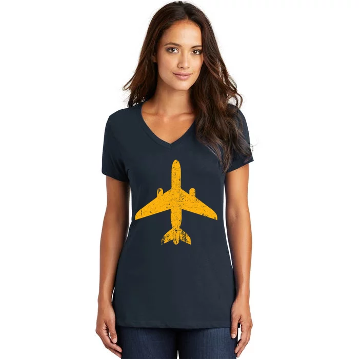 Vintage Aviation Airline Pilot Gifts Yellow Jet Airplane Women's V-Neck T-Shirt