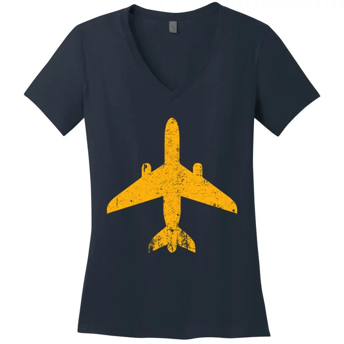 Vintage Aviation Airline Pilot Gifts Yellow Jet Airplane Women's V-Neck T-Shirt