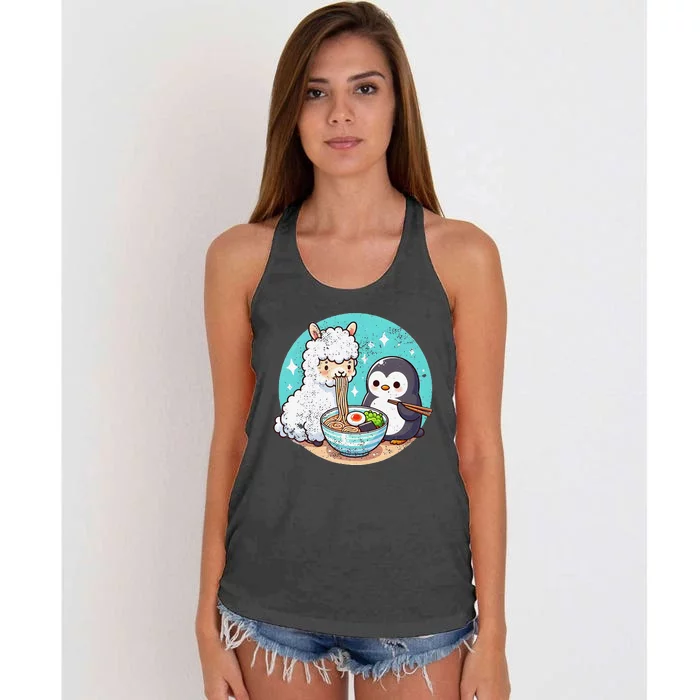 Vintage Alpaca And Penguin Sharing Ramen Women's Knotted Racerback Tank