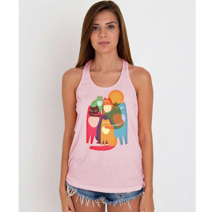 Vintage Abstract Boho Cat Pattern Women's Knotted Racerback Tank