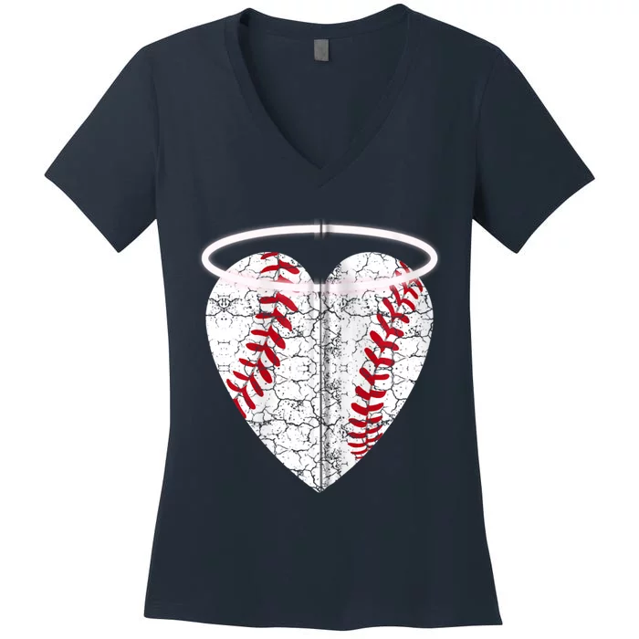 Vintage Angel Baseball Heart with Halo Zip Hoodie Women's V-Neck T-Shirt