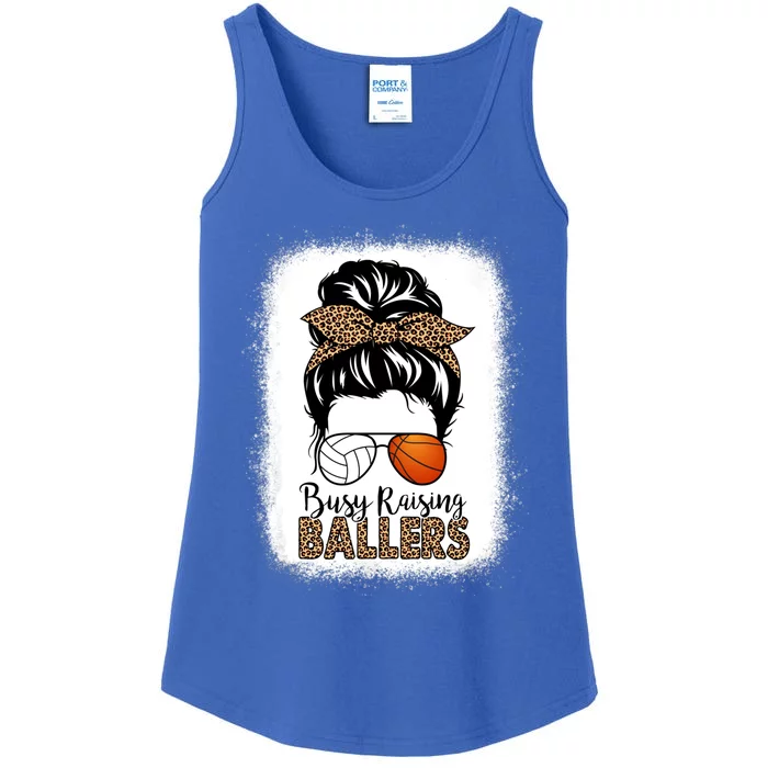 Volleyball And Basketball Mom Messy Bun Busy Raising Ballers Funny Gift Ladies Essential Tank