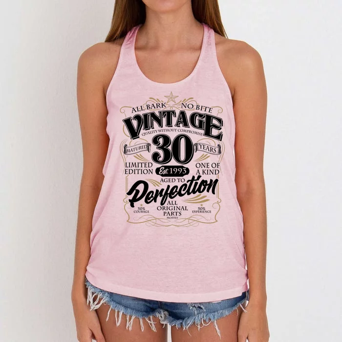 Vintage All Bark No Bite 30th Birthday Est 1993 Women's Knotted Racerback Tank