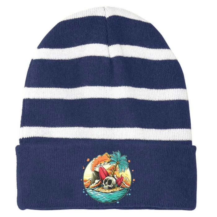 Vacation Tropical Island Skull Striped Beanie with Solid Band