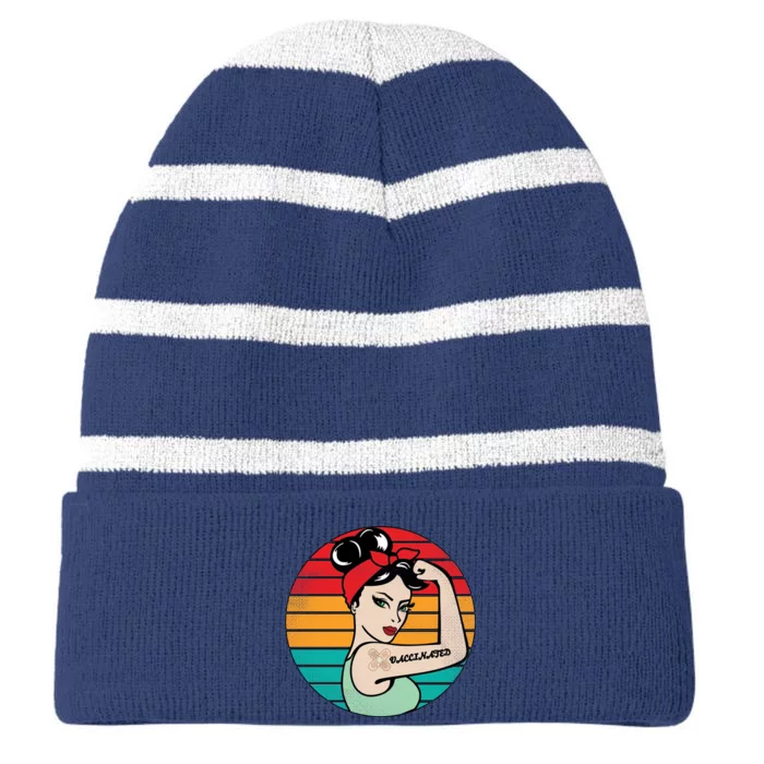 Vaccinated Strong Woman Retro Striped Beanie with Solid Band